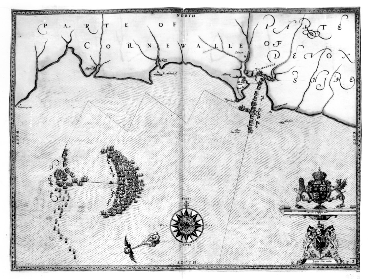Kartta nro 2, joka näyttää Armada-laivaston reitin, kaivertanut Augustine Ryther, 1588 tekijältä Robert Adams