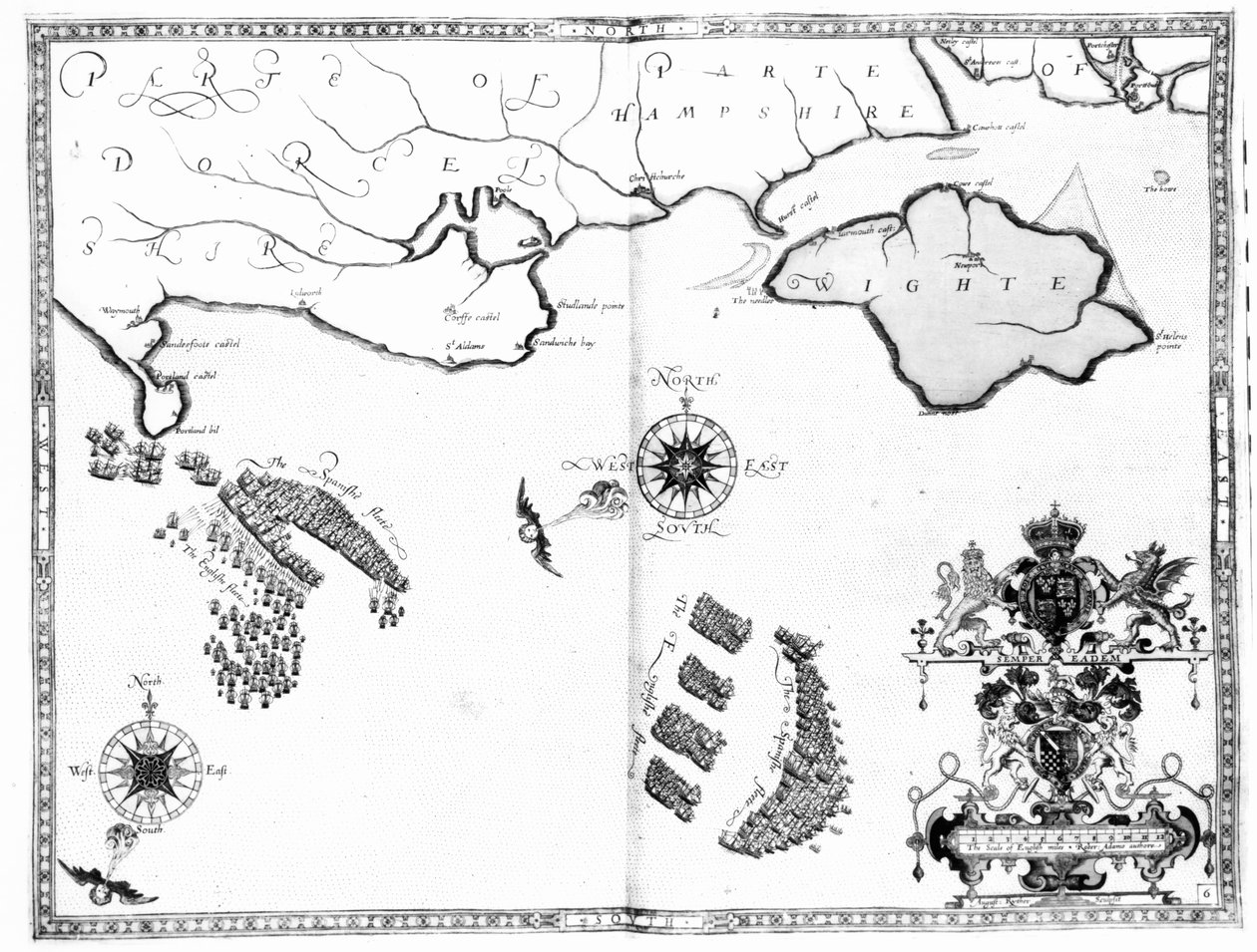 Kartta nro 6, jossa näkyy Armada-laivaston reitti, kaiverrettu Augustine Ryther, 1588 tekijältä Robert Adams