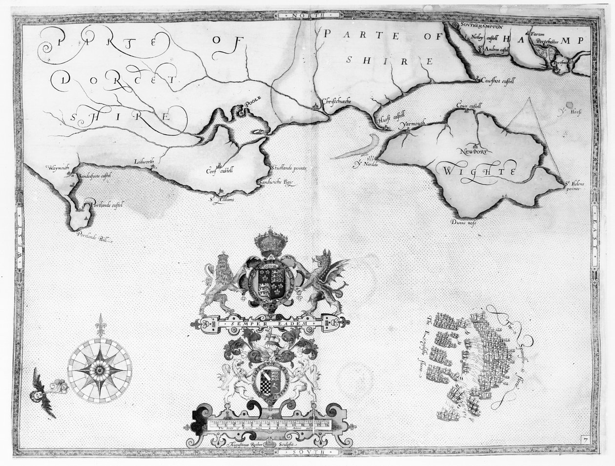 Kartta nro 7, jossa näkyy Armada-laivaston reitti, kaivertanut Augustine Ryther, 1588 tekijältä Robert Adams