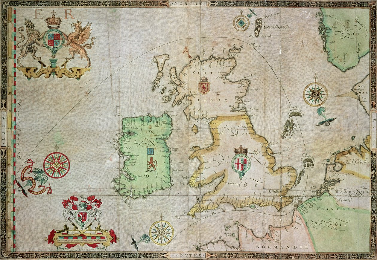 Kartta, joka näyttää Armada-laivaston reitin, kaiverrettu Augustine Ryther, 1588 (katso bw 133339) tekijältä Robert Adams