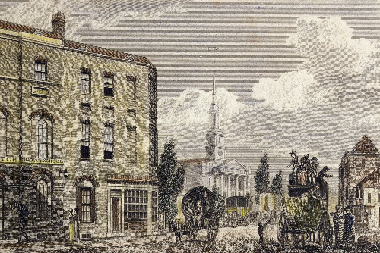 Lontoon sisäänkäynti Shoreditch-kirkossa, 1810 (värikaiverrus) tekijältä Robert Blemell Schnebbelie