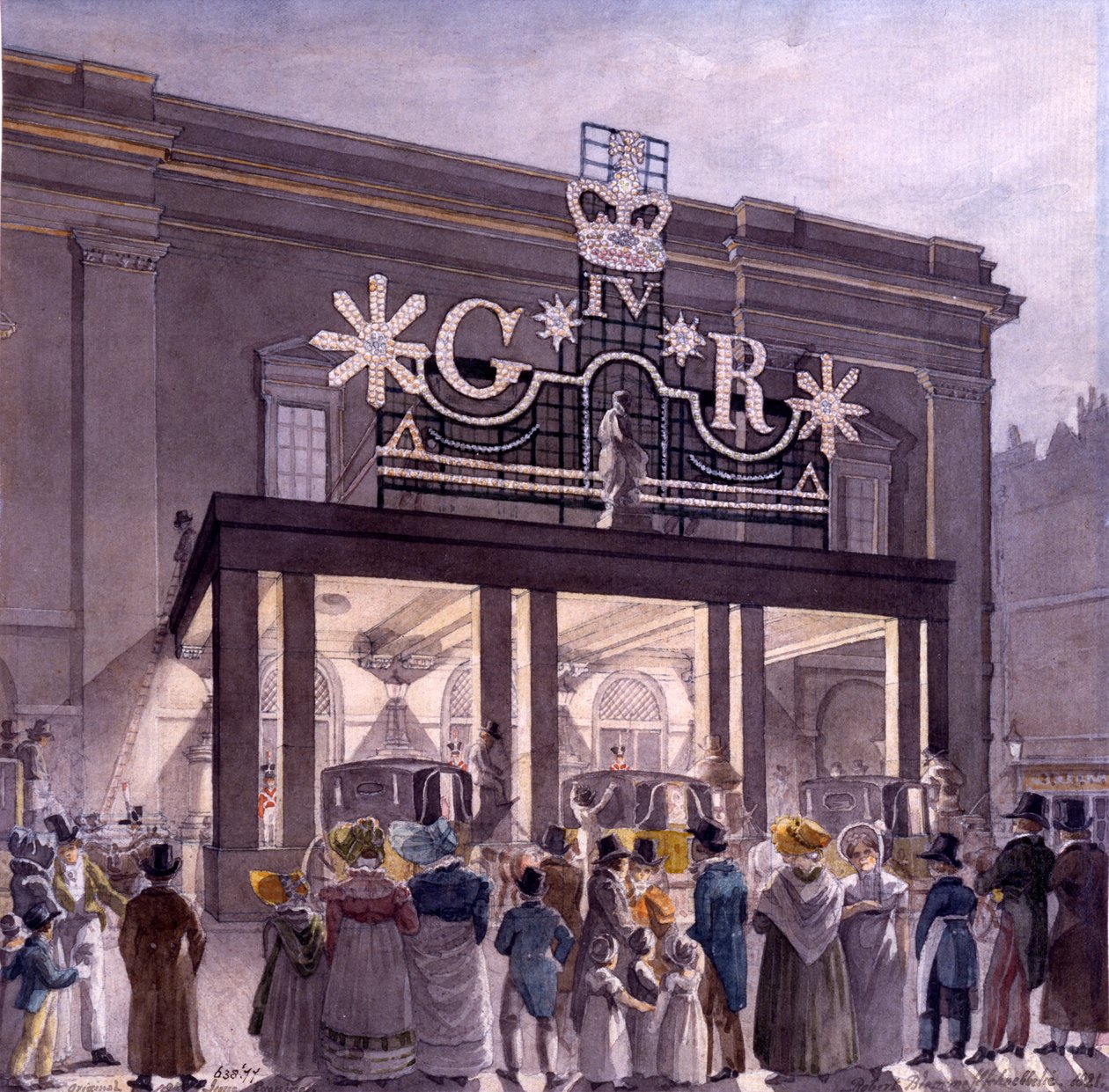 Theatre Royalin ulkopuolella, Drury Lane, 1821 tekijältä Robert Blemell Schnebbelie