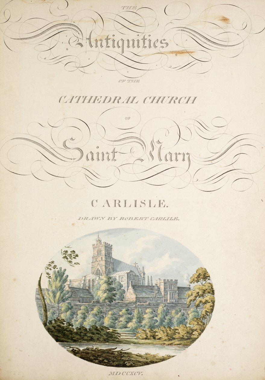 Ms. New Coll 380, f1r. Carlislen Pyhän Marian katedraalikirkon antiikki, piirtänyt Robert Carlile, 1795 (kaiverrus ja wc paperille) tekijältä Robert Carlile