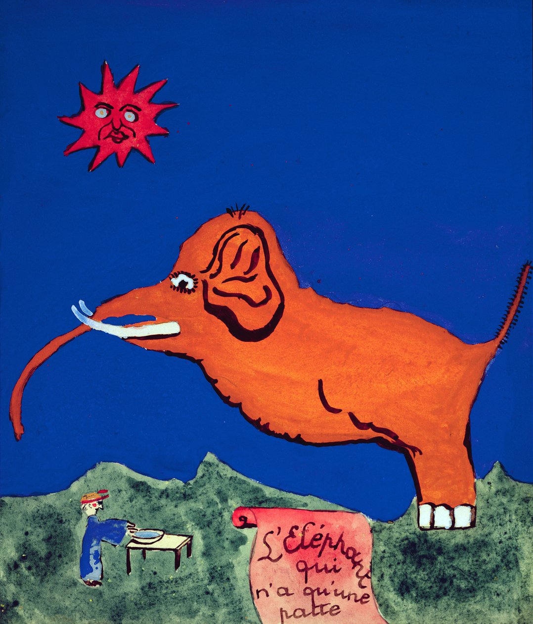 Elefantti vain yhdellä jalalla, kuvitus Robert Desnosin käsinkirjoitetulle runokokoelmalle "La Menagerie de Tristan", 1932 tekijältä Robert Desnos