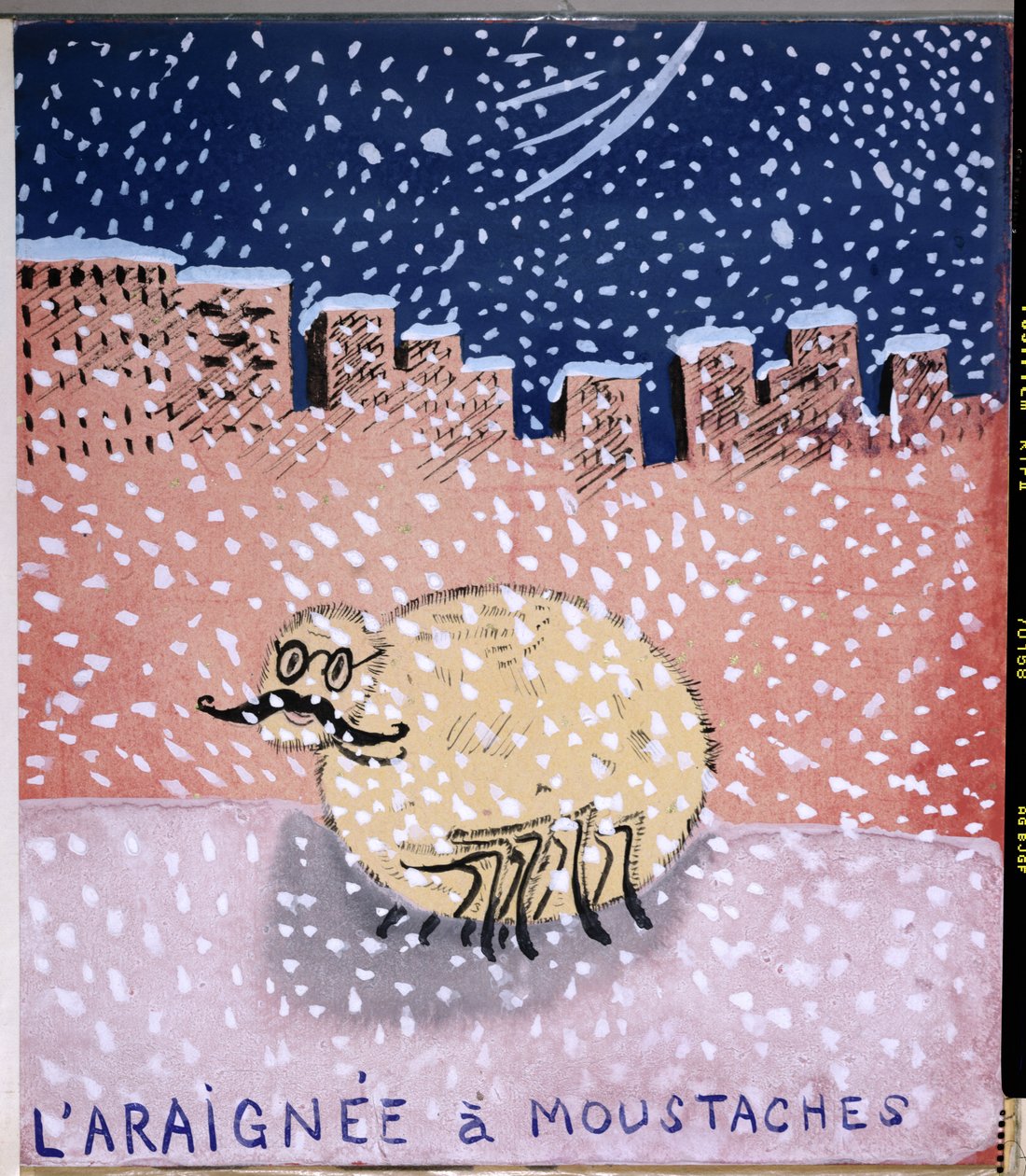 Viikset hämähäkki, kuvitus Robert Desnosin käsinkirjoitetulle runokokoelmalle "La Menagerie de Tristan", 1932 tekijältä Robert Desnos