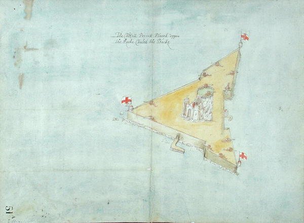 Castell Perrott Placed Upon the Rock nimeltään pino, n. 1597-1601 (wc, lyijykynä ja muste paperilla, jonka tausta on pellava) tekijältä Robert Devereux