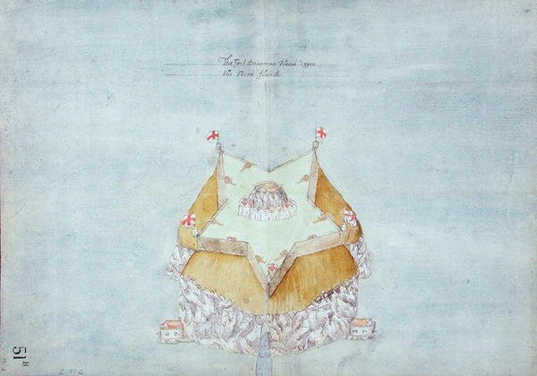Fort Devereux sijoitettu saniaiselle saarelle, n. 1597-1601 (wc, lyijykynä ja muste paperilla, jonka tausta on pellava) tekijältä Robert Devereux