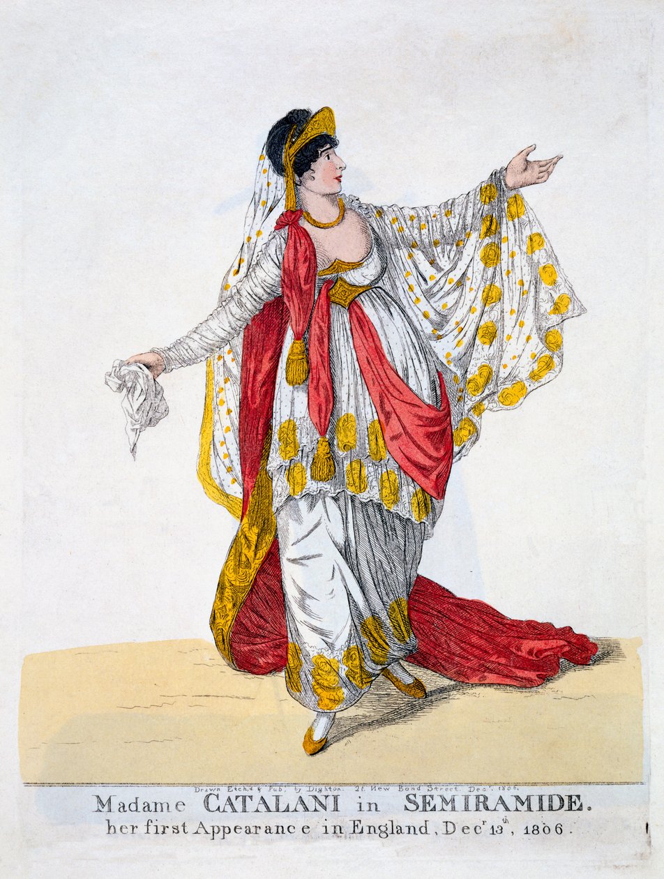 Madame Catalani nimiroolissa Semiramide, 1806 tekijältä Robert Dighton