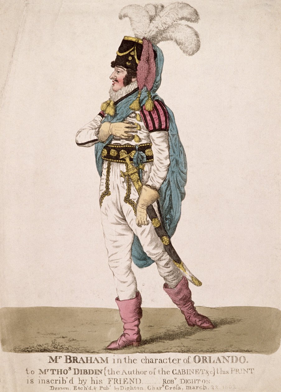 Herra Braham Orlandon roolissa Shakespearen teoksesta "Kuten haluatte", pub. 1802 tekijältä Robert Dighton