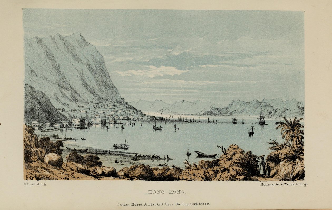 Hongkong, akvarellimaalaus Robert Elwesin (1819–1878), varakkaan nuoren brittiläisen herrasmiehen Norfolkista tekijältä Robert Elwes