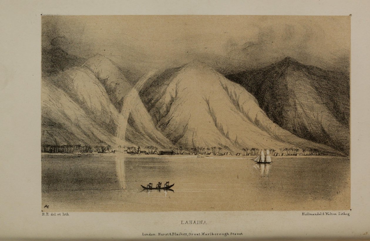 Lahaina, akvarellimaalaus Robert Elwesiltä (1819–1878), varakkaalta nuorelta brittiläiseltä herralta Norfolkista tekijältä Robert Elwes
