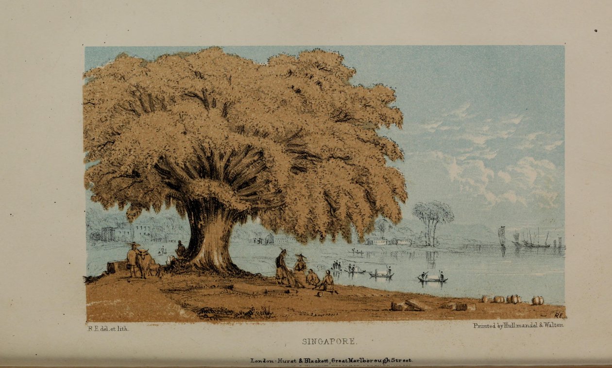 Singapore, akvarellimaalaus Robert Elwesin (1819–1878), varakkaan nuoren brittiläisen herrasmiehen Norfolkista. tekijältä Robert Elwes