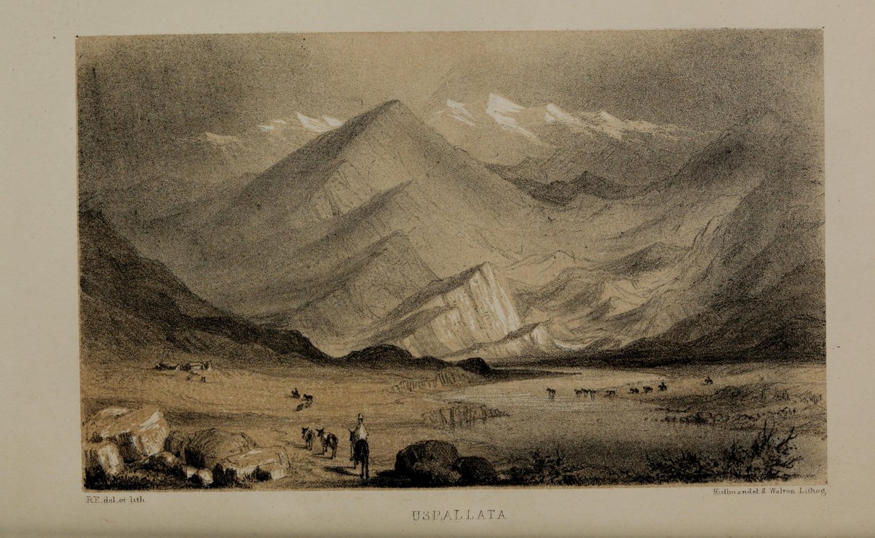 Uspallata, Robert Elwesin (1819-1878), varakkaan nuoren brittiläisen herrasmiehen Norfolkista, vesivärimaalaus. tekijältä Robert Elwes