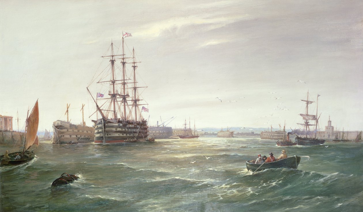 Portsmouth Harbour: HMS "Victory" Hulkien keskuudessa, 1892 (öljy) tekijältä Robert Henry Roe