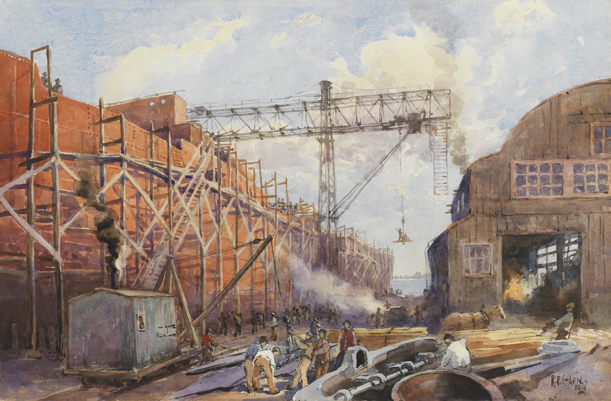 Polson Iron Work Yard, Ship War Hydra on Stocks, 1918 tekijältä Robert Ford Gagen