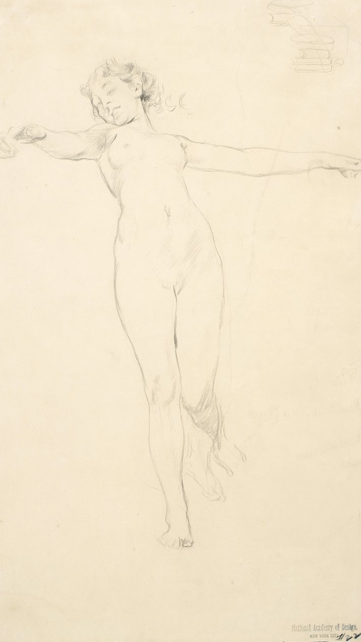 Luonnos seisovasta naisen alastonkuvasta, mahdollisesti Moods to Music -seinämaalaukseen, 1893-95 (grafiitti kudotulla paperilla) tekijältä Robert Frederick Blum
