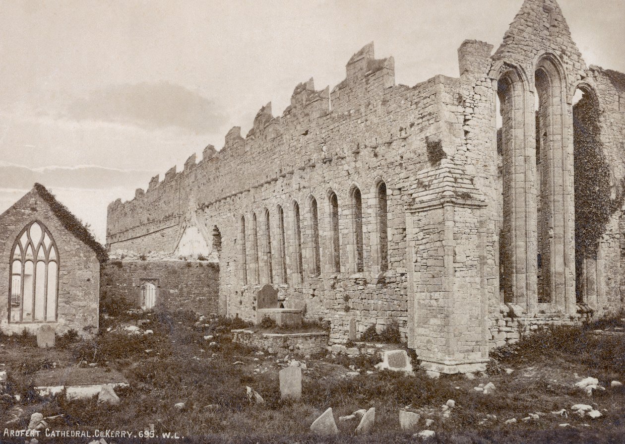 Ardfertin katedraali, valokuvannut Robert French William Lawrence Photography Studiolle, noin 1880-luku (seepiakuva) tekijältä Robert French