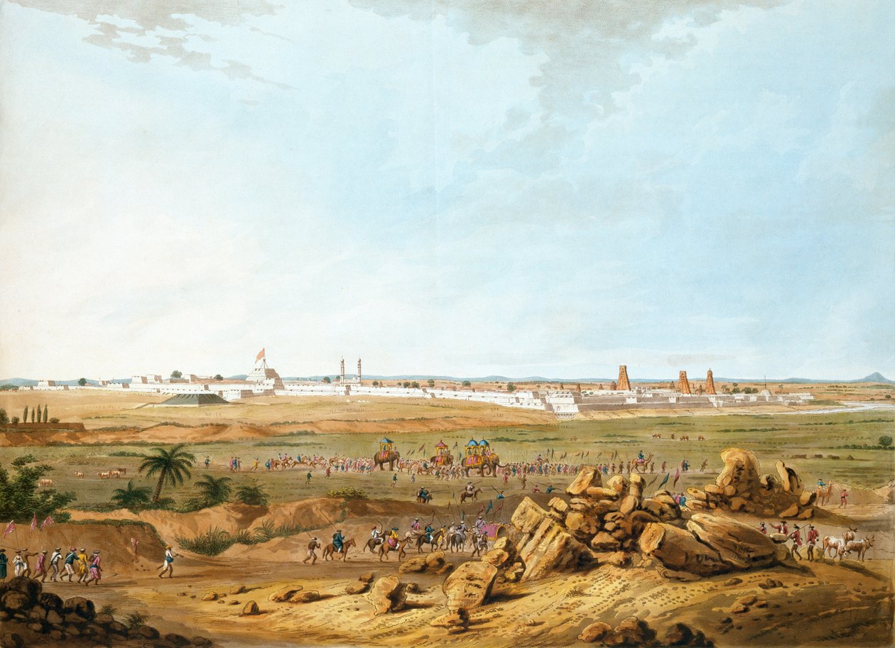 Itäinen näkymä Seringapatamista 15. toukokuuta 1791, kuvitus Twelve Views of Mysoresta, Tippoo Sultanin maasta, kaiverrettu ja väritetty J.W. Edy, julkaistu 1804 (värillinen akvatinta) tekijältä Robert H. Colebrooke