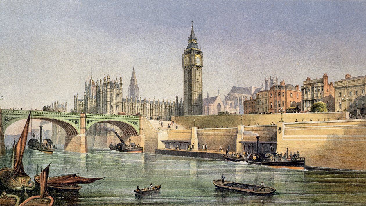 Thames Embankment, jossa näkyy höyryveneiden laituri Westminster Bridgellä, kaiverrettu Day and Son, 1864 tekijältä Robert Kent Thomas