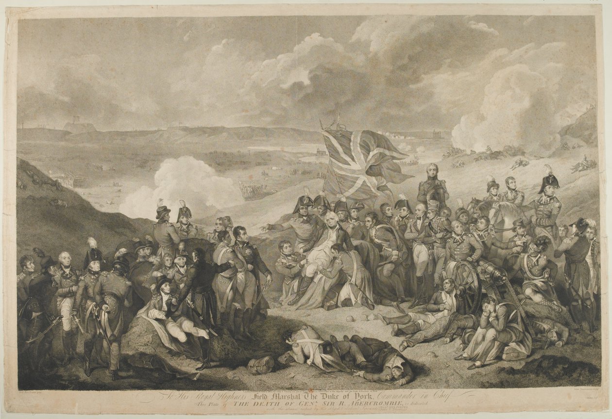 Kenraali Abercrombien kuolema Aleksandrian taistelussa, 21. maaliskuuta 1801, kaivertanut J. Vendramini, julkaistu 1804 tekijältä Robert Kerr Porter