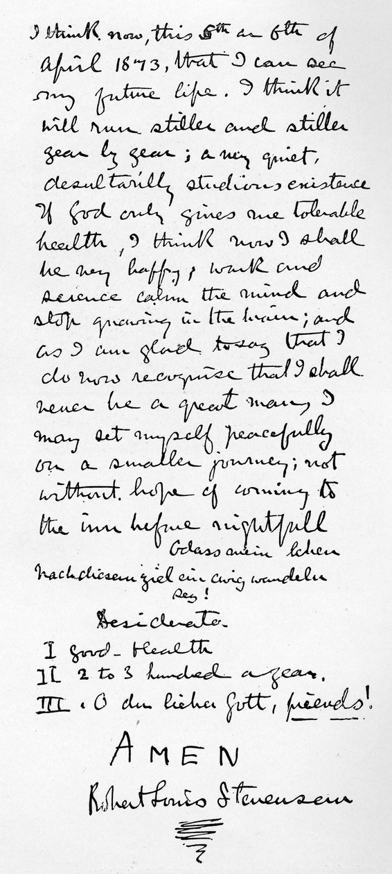 Stevensonin henkilökohtainen filosofia ja luettelo Desiderata onnelliseen elämään, 1873 tekijältä Robert Louis Stevenson