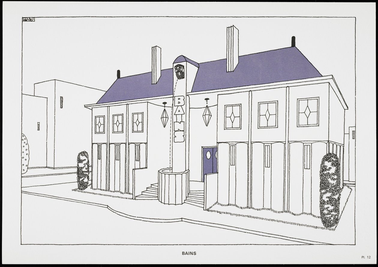 Bains, Une Cite Moderne, piirustukset Rob Mallet-Stevens Architecte, 1987 (julkaistu) tekijältä Robert Mallet Stevens