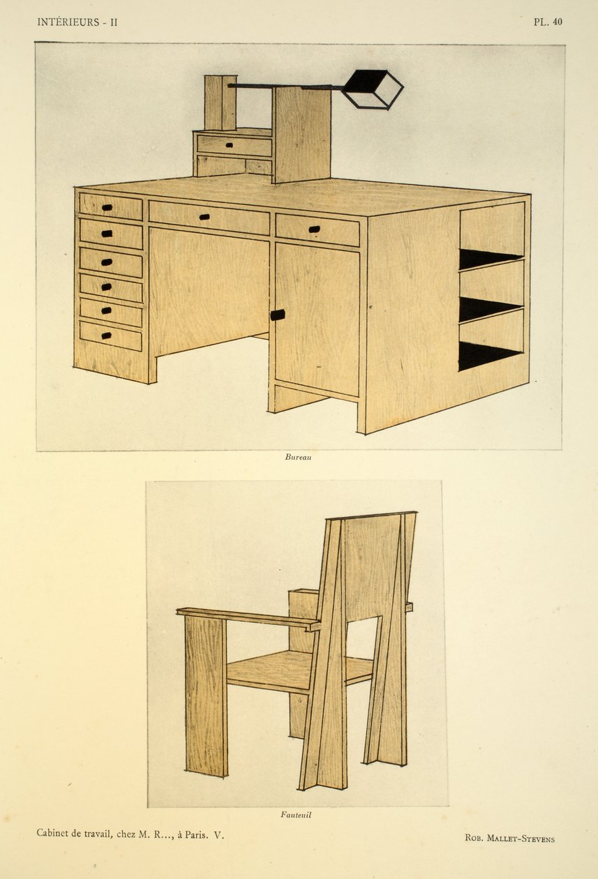 Cabinet de travail V, chez M. R.., Pariisi, kuvitus Leon Moussinacin teoksesta Interieurs, pub. Albert Levy, 1924-26 tekijältä Robert Mallet Stevens