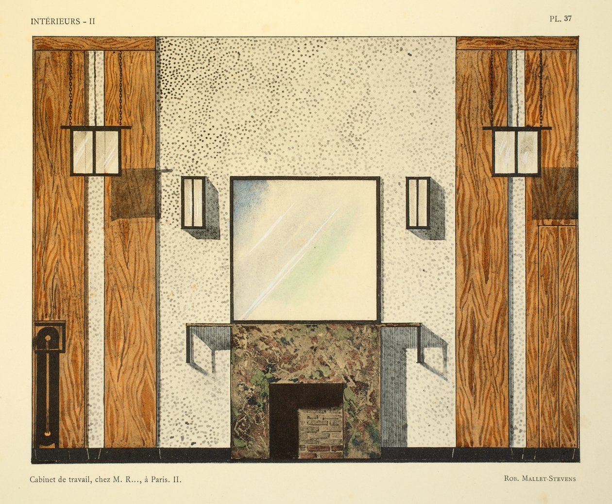 Cabinet de travail II, chez M. R .., Pariisi, kuvitus Leon Moussinacin teoksesta Interieurs, pub. Albert Levy, 1924-26 tekijältä Robert Mallet Stevens