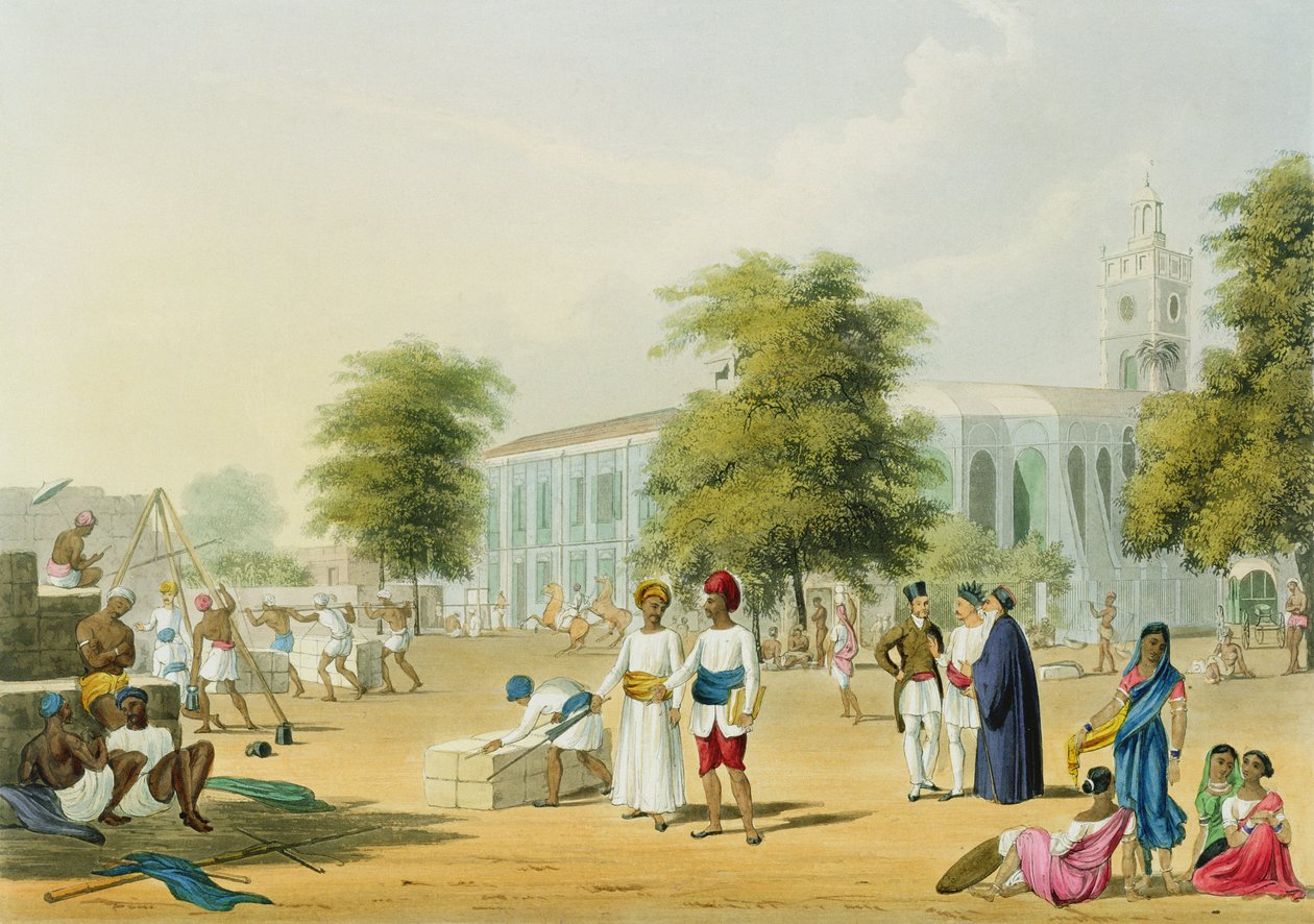 Kohtaus Bombayssa kirjan "Scenery, Costumes and Architecture of India" I osasta, kaiverrettu R.G. Reeve (fl.1811-37) pub. kirjoittanut Ackermann, 1826 (akvatinta) tekijältä Robert Melville Grindlay