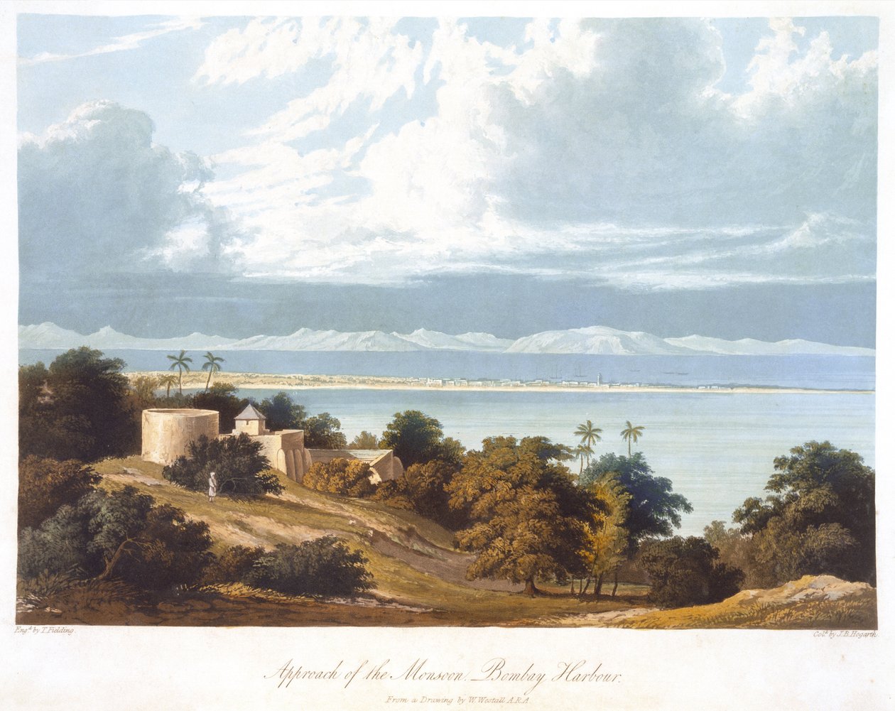 Monsuunin lähestyminen, Bombay Harbour, William Westallin (1781-1850) piirroksesta Scenery, Costumes and Architecture of India, T. Fieldingin kaivertama, J. B. Hogarthin värittäjä, julkaistu 182 tekijältä Robert Melville after Grindlay