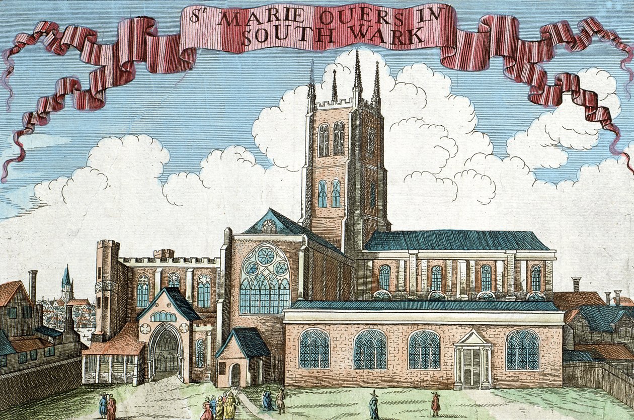 St. Marie Overie Southwarkissa, kirjasta "A Book of the Remarkable Places in and about the Remarkable Places in and about the London", n. 1700 tekijältä Robert Morden