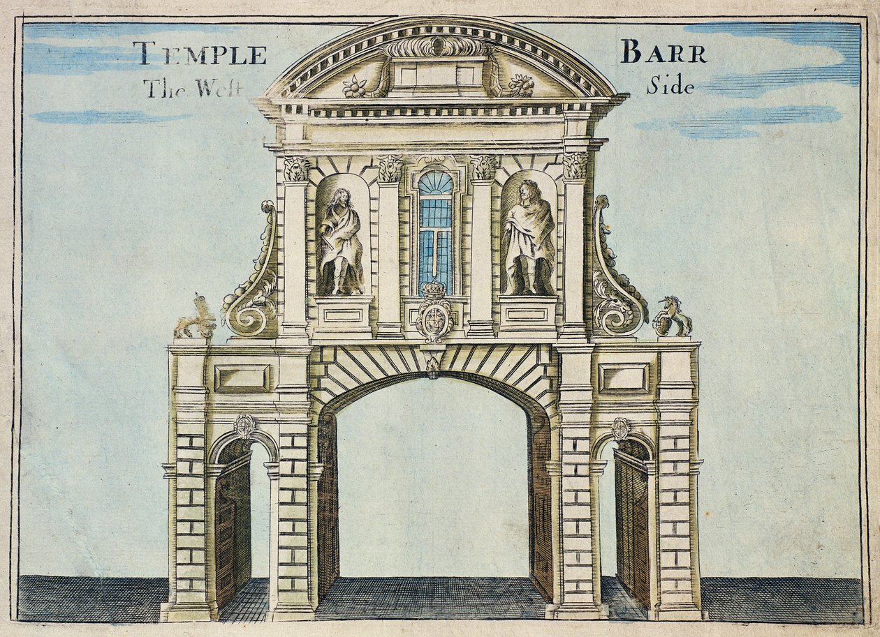 Temple Bar, West Side, Inns of Courtista kirjasta "A Book of the Prospects of the Remarkable Places in and about the London", n. 1700 tekijältä Robert Morden
