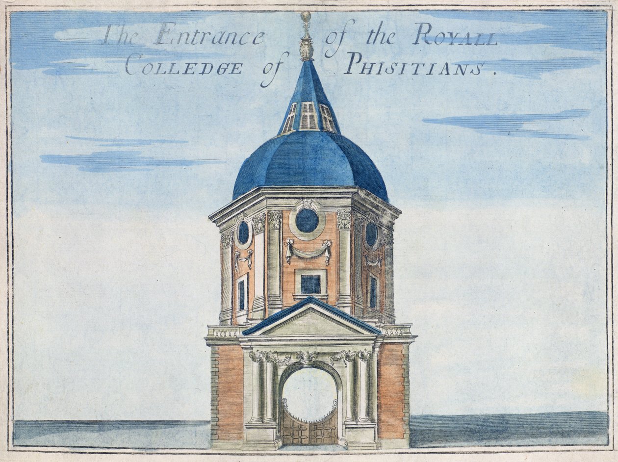 Sisäänkäynti Royal College of Physiciansiin, kirjasta "A Book of the Remarkable Places in and about the Remarkable Places in and about the London", n. 1700 tekijältä Robert Morden