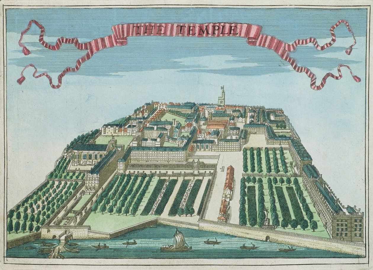 Temppeli, kirjasta "A Book of the Prospects of Remarkable Places in and about the Remarkable Places in and about the London", n. 1700 tekijältä Robert Morden