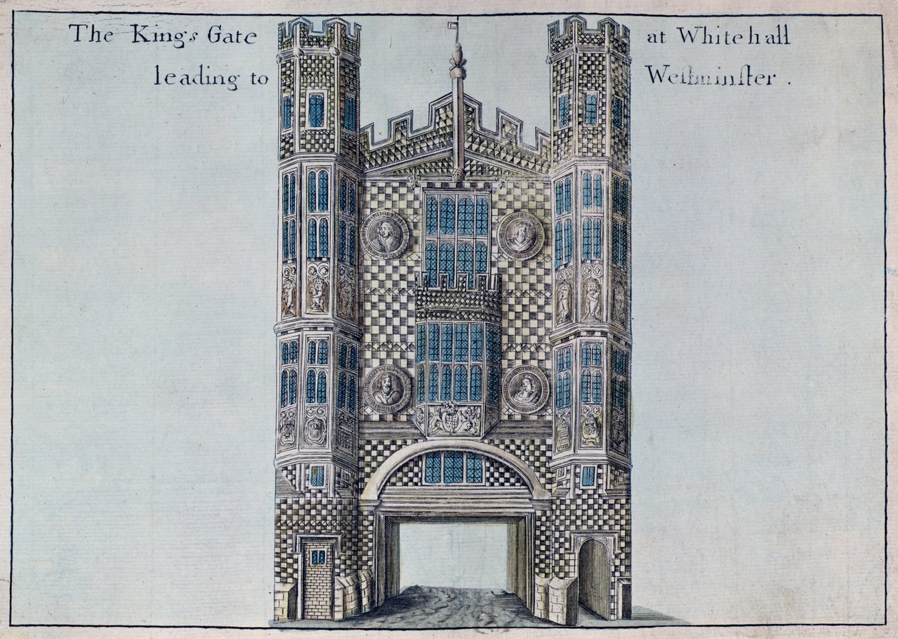 Whitehall: The Kings Gate Leading to Westminster, kirjasta "A Book of the Remarkable Places in and about the Remarkable Places in and about the London", n. 1700 tekijältä Robert Morden