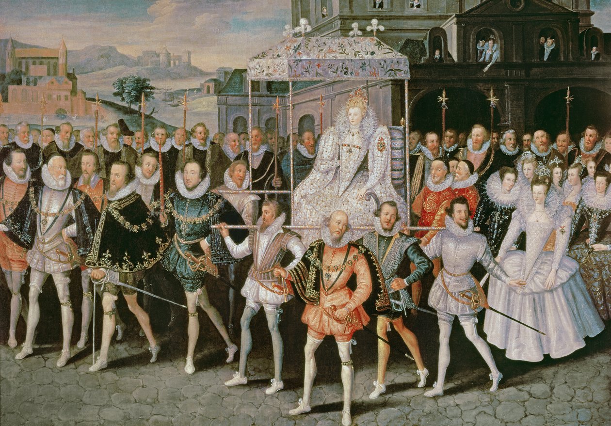 Kuningatar Elisabet I (1533-1603) kuljetetaan kulkueessa (Eliza Triumphans) n. 1601 tekijältä Robert Peake