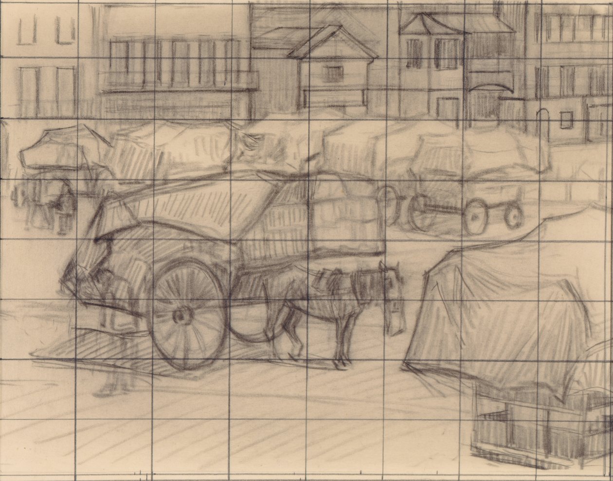 Hay Carts, Cumberland Market, n. 1915 (kynä paperille) tekijältä Robert Polhill Bevan