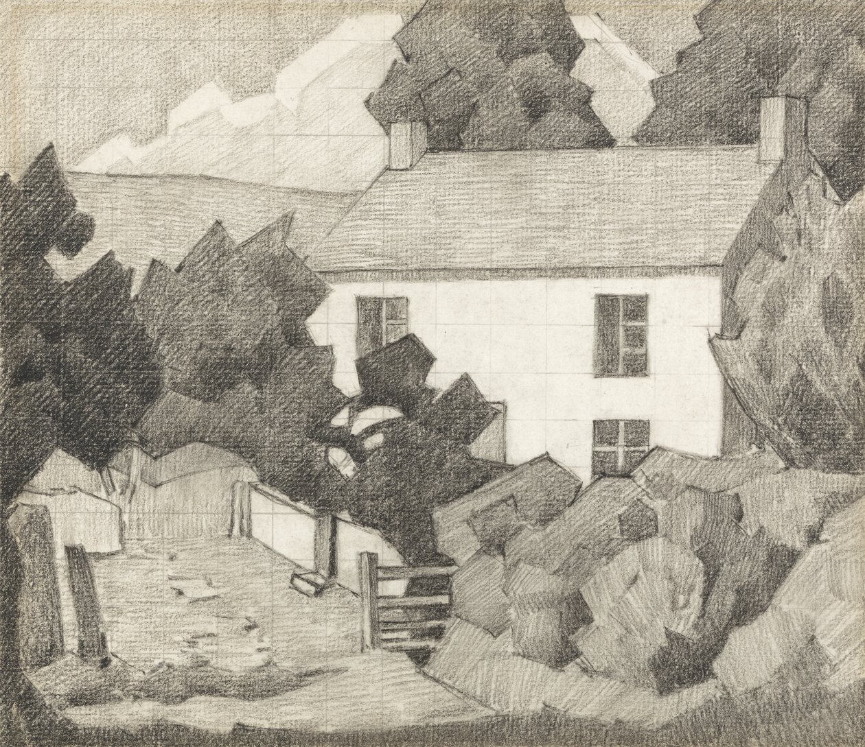 Valkoinen talo, n. 1920 (grafiitti paperille) tekijältä Robert Polhill Bevan