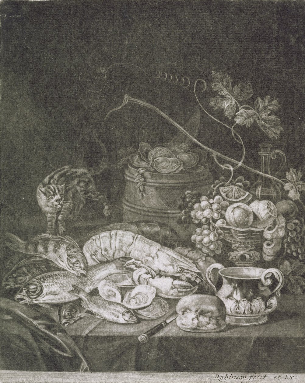 Juhlapala hummerien, kalan ja kissan kanssa (mezzotint polttotyöllä) tekijältä Robert Robinson