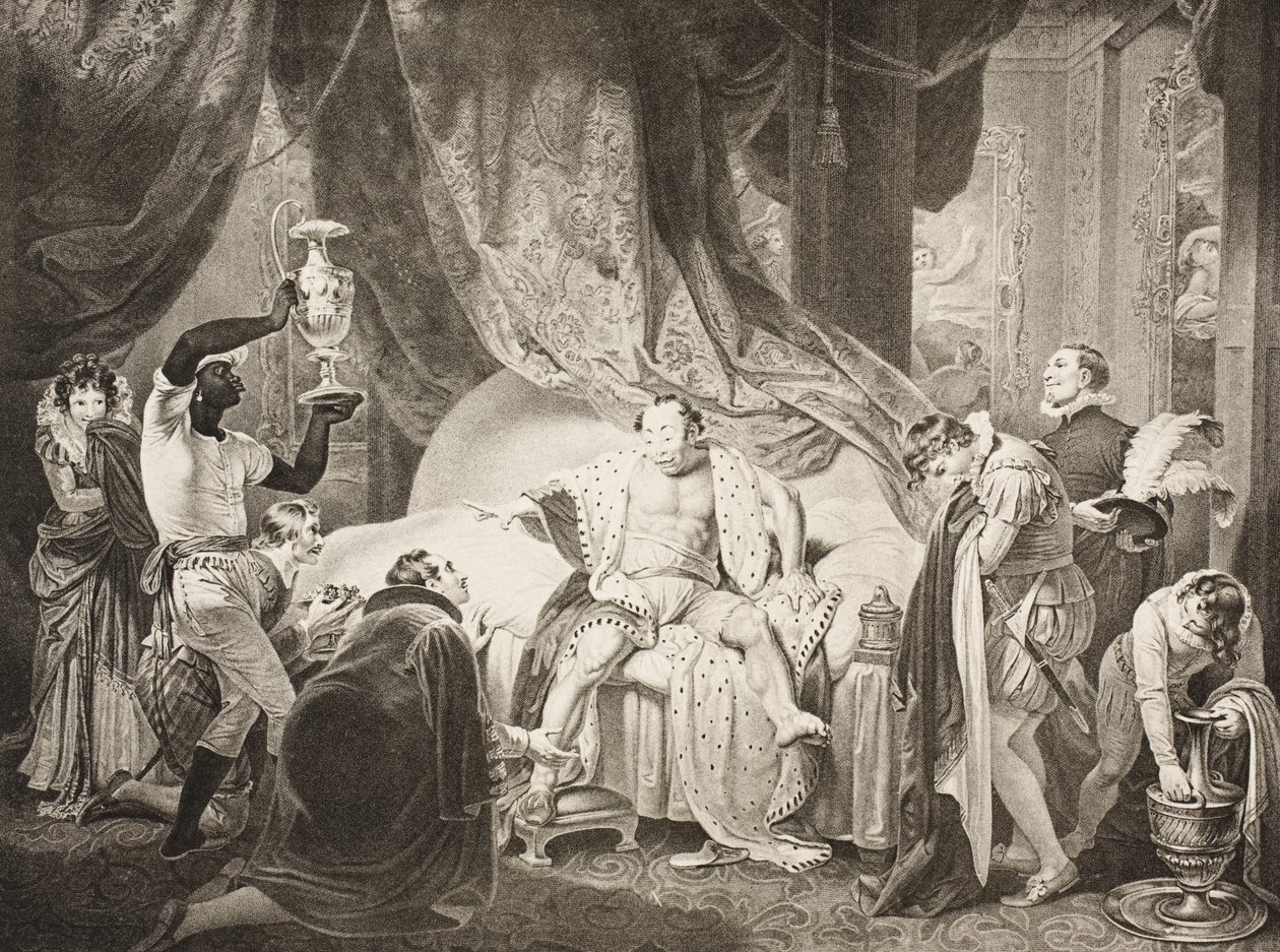 Makuuhuone Herran talossa, Induktio, kohtaus II, The Taming of the Shrew, Boydell Shakespeare Gallerysta, julkaistu 1800-luvun lopulla tekijältä Robert Smirke