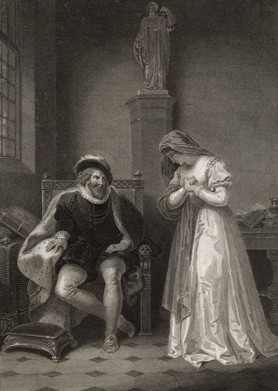 Angelo ja Isabella, kaiverrus W.C. Wilson, William Shakespearen (1564-1616) teoksesta "Measure for Measure" 1797 tekijältä Robert Smirke