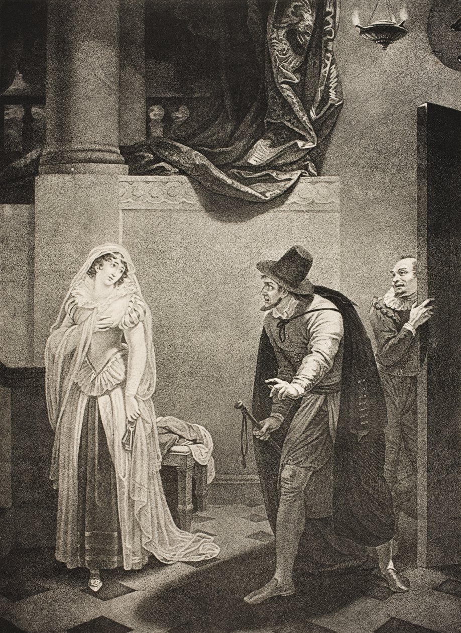 Ennen Shylockin taloa, näytös II, kohta V, "Venetsialainen kauppias", Boydell Shakespeare -galleriasta, julkaistu 1800-luvun lopulla tekijältä Robert Smirke