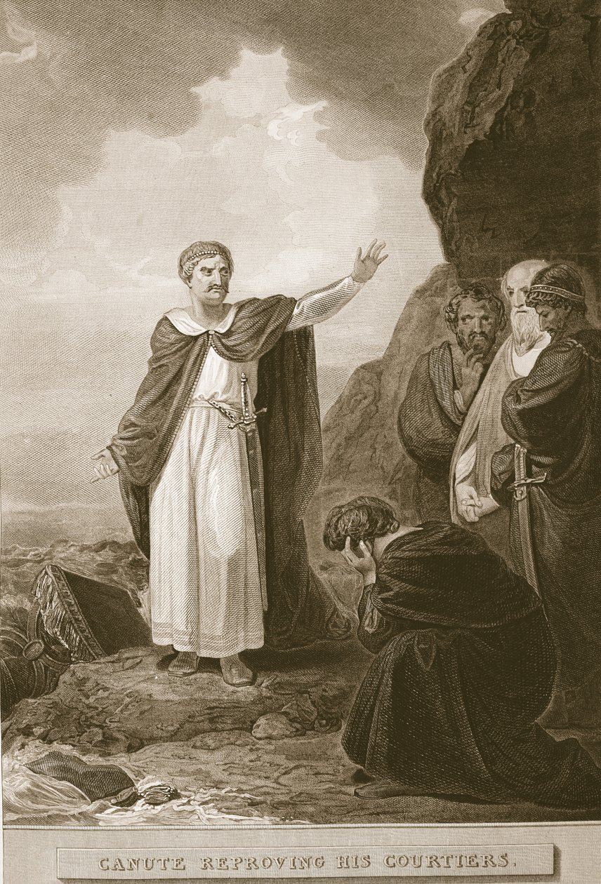 Kanuutti nuhtelee hänen hovimiehiä, kaiverrettu G. Noble, kuvitus David Humen "Englannin historiasta", pub. R. Bowyer, Lontoo, 1812 tekijältä Robert Smirke