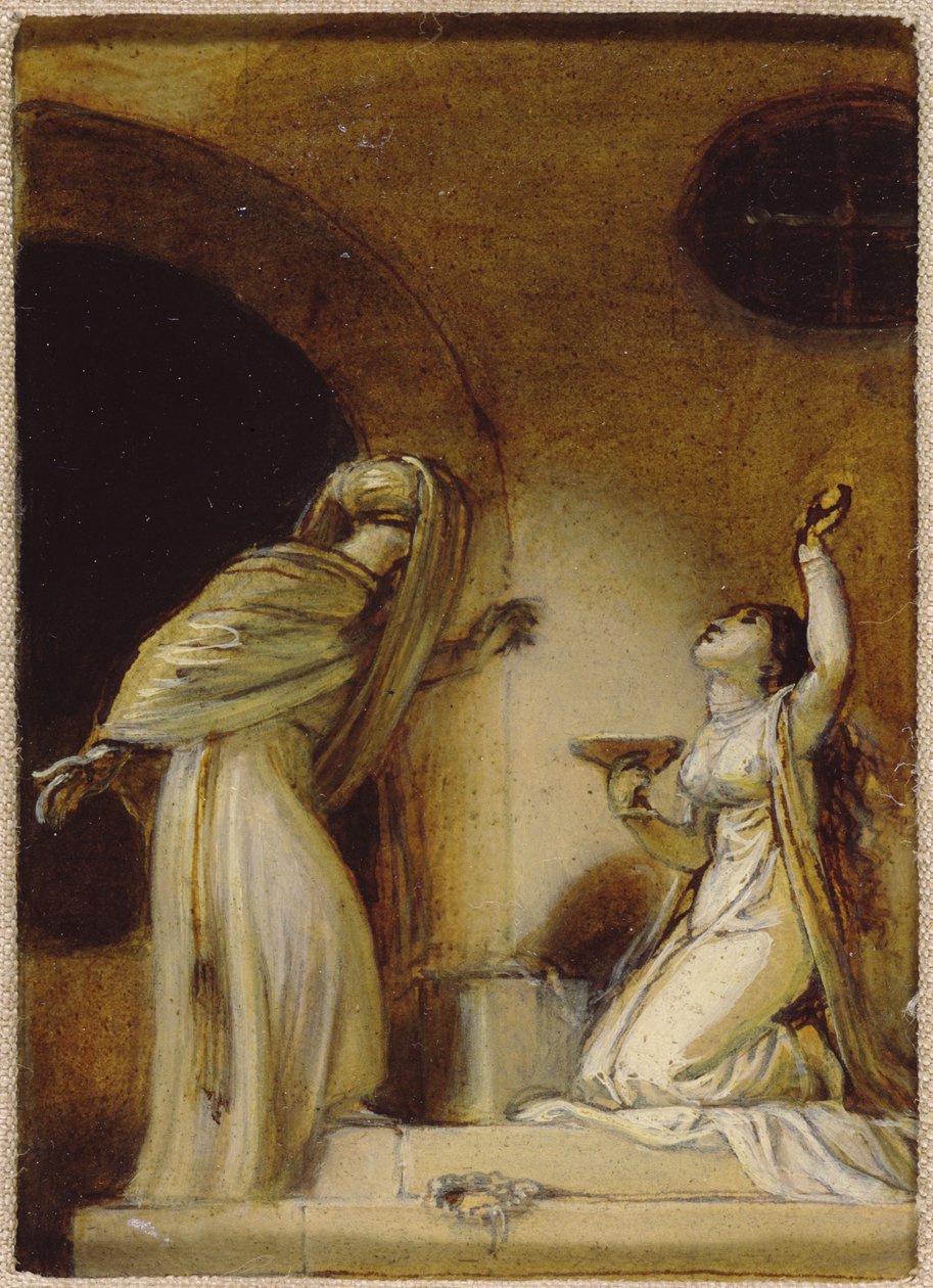 Polvistuva naishahmo kupin kanssa, kuvitus itämaiseen romanssiin, mahdollisesti "The Arabian Nights" (öljy paperille aluksella) tekijältä Robert Smirke