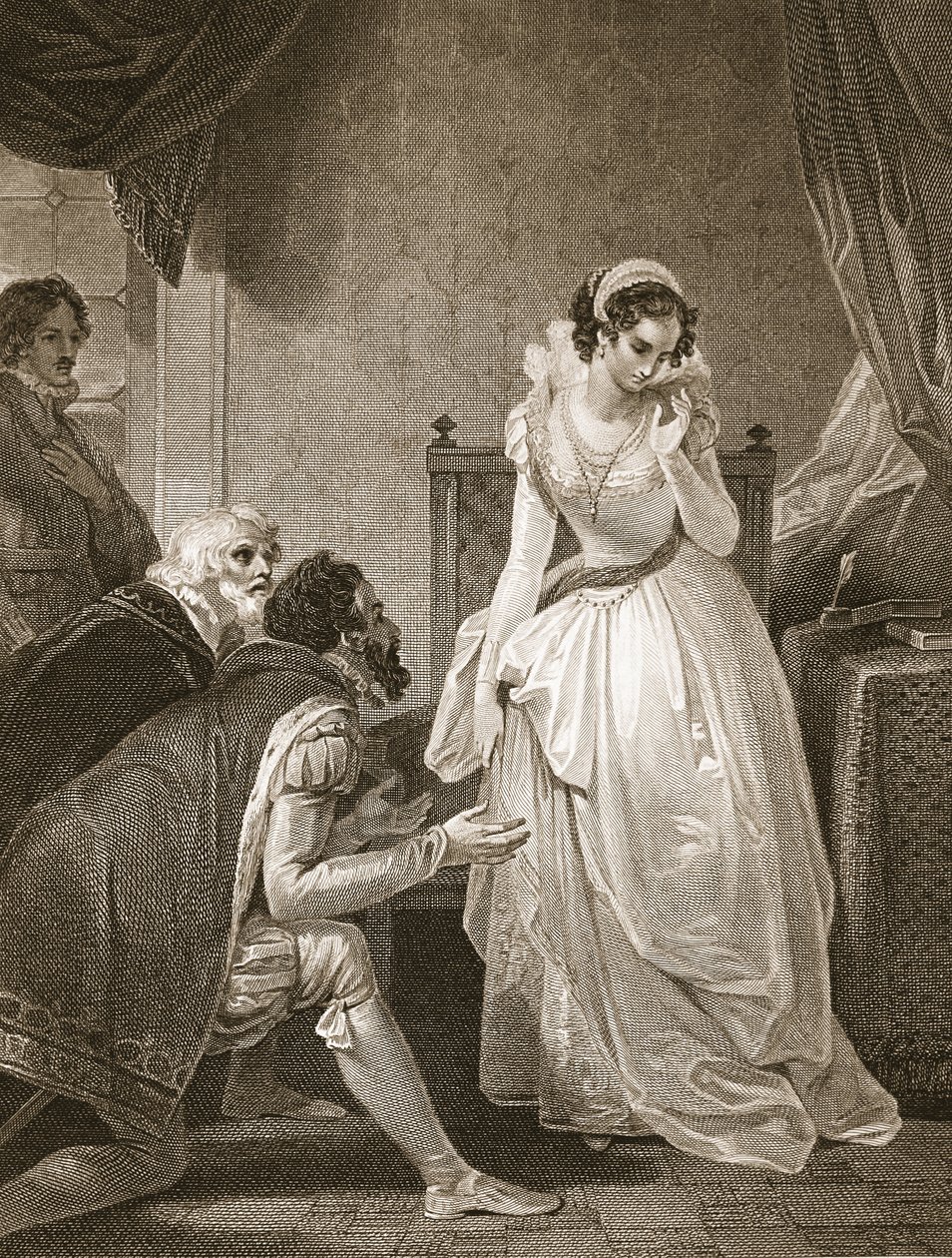 Lady Jane Gray luopumassa kruunusta, kaiverrus W. Bromley, kuvitus David Humen "The History of England", pub. R. Bowyer, Lontoo, 1812 tekijältä Robert Smirke
