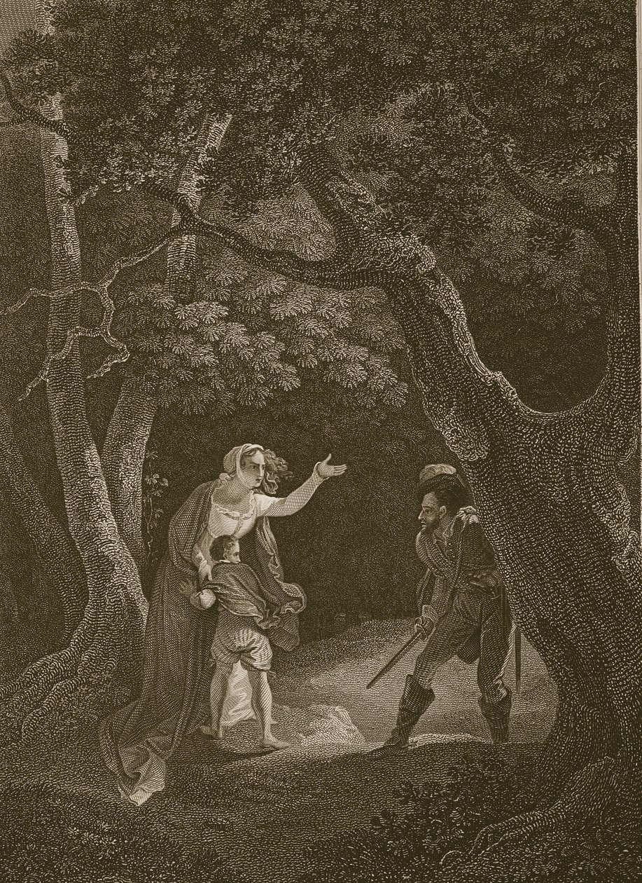 Kuningatar Margaret hyökkäsi ryöstön kimppuun, kaiverrus J. Landseer, kuvitus David Humen "Englannin historiasta", pub. R. Bowyer, Lontoo, 1812 tekijältä Robert Smirke