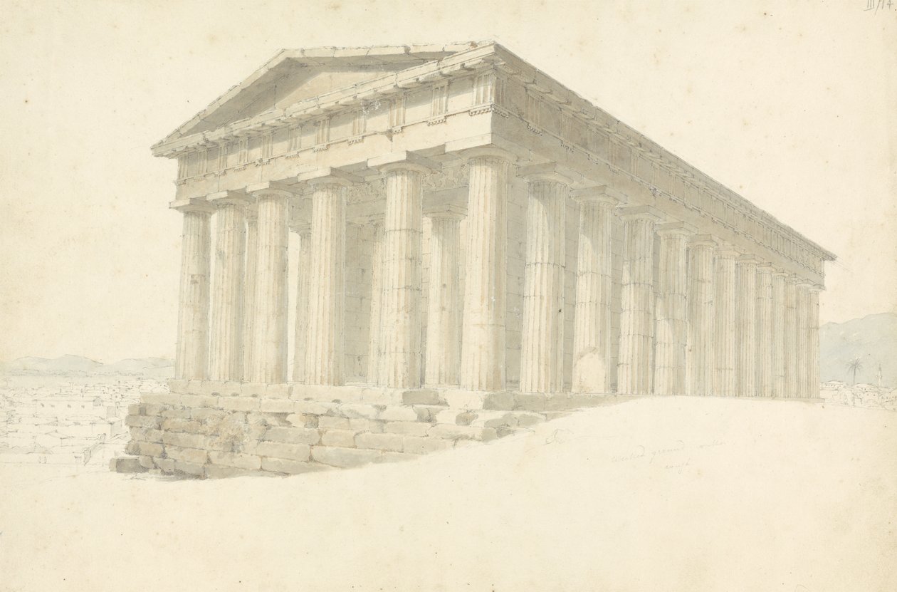 Temppeli, piirustuskokoelmasta luonnosvihkosta: neljässä kangaslaatikossa, selässä kirjaimilla Continental Drawings, 1802-04 (wc ja grafiitti paperille) tekijältä Robert Smirke