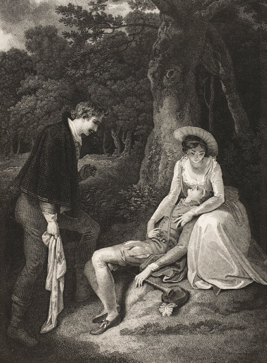 Metsä, näytös II, kohtaus VII, "As You Like It", Boydell Shakespeare Gallerysta, julkaistu 1800-luvun lopulla tekijältä Robert Smirke