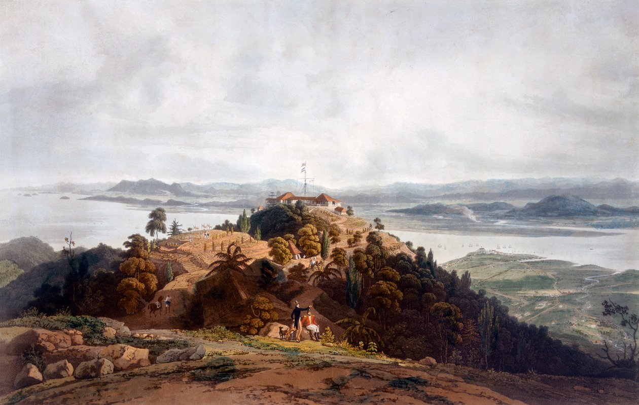 Panoraamapiirros Walesin prinssisaaresta, kirjoittanut William Daniell, n. 1817 99:Penang; Pooloo Pinang; Malesia; Malesian maisema; c19th; British East India Company; sotilasposti; Hei tekijältä Robert Smith