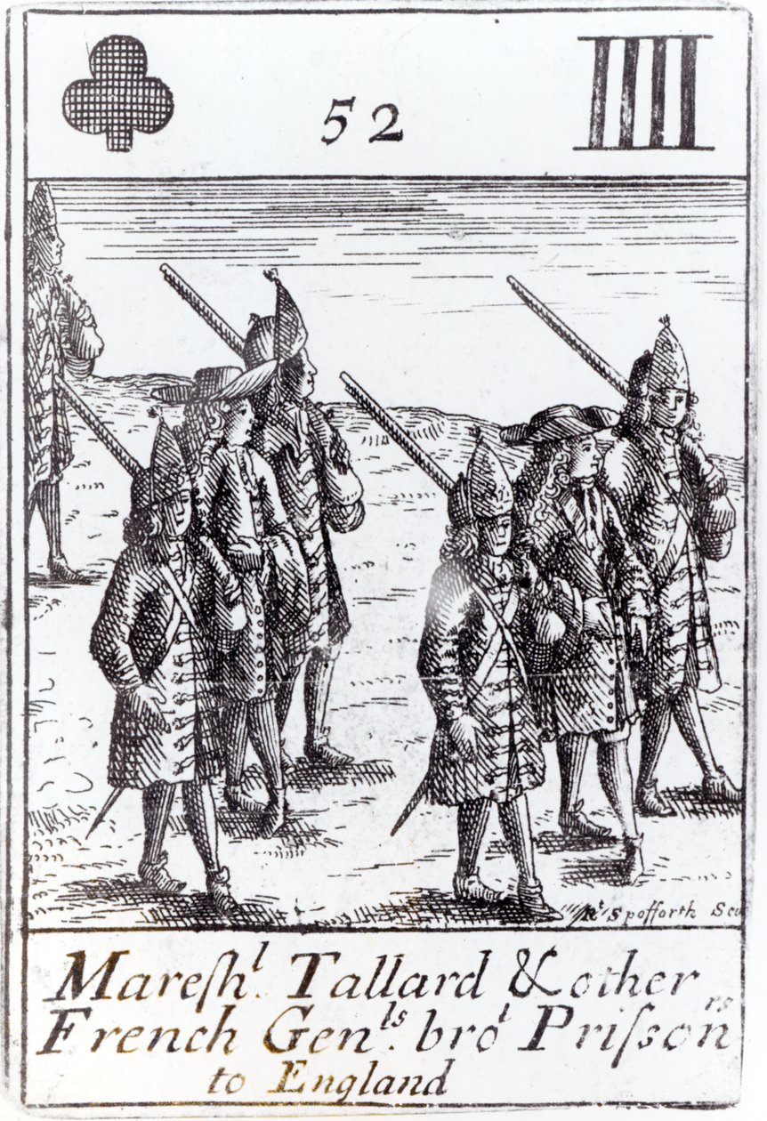 Marsalkka Tallard ja muut ranskalaiset kenraalit toivat vankeja Englantiin, neljä seurojen pelikorttia sarjasta, joka muistutti Espanjan peräkkäissotaa (1702-13) tekijältä Robert Spofforth